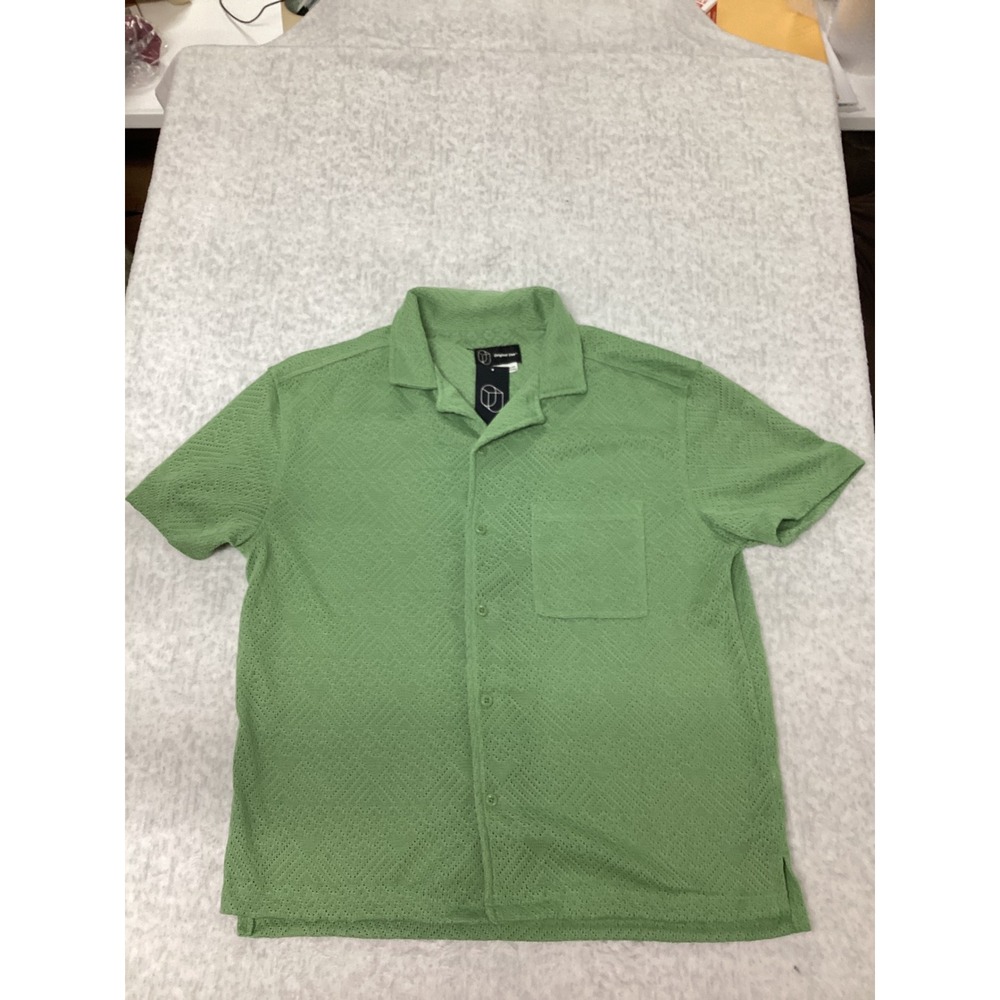 Original Use Mens Green Pointelle Knit Camp Collar Button Down Shirt Size M NEW